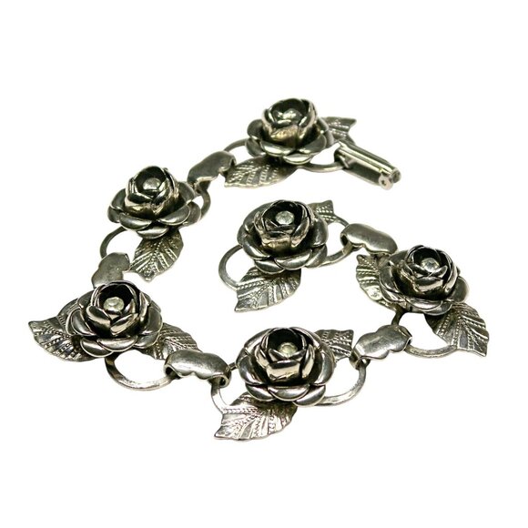 Vintage Mid-Century Rhinestone Rose Bracelet Silver Tone Floral Link Jewelry - Picture 3 of 6